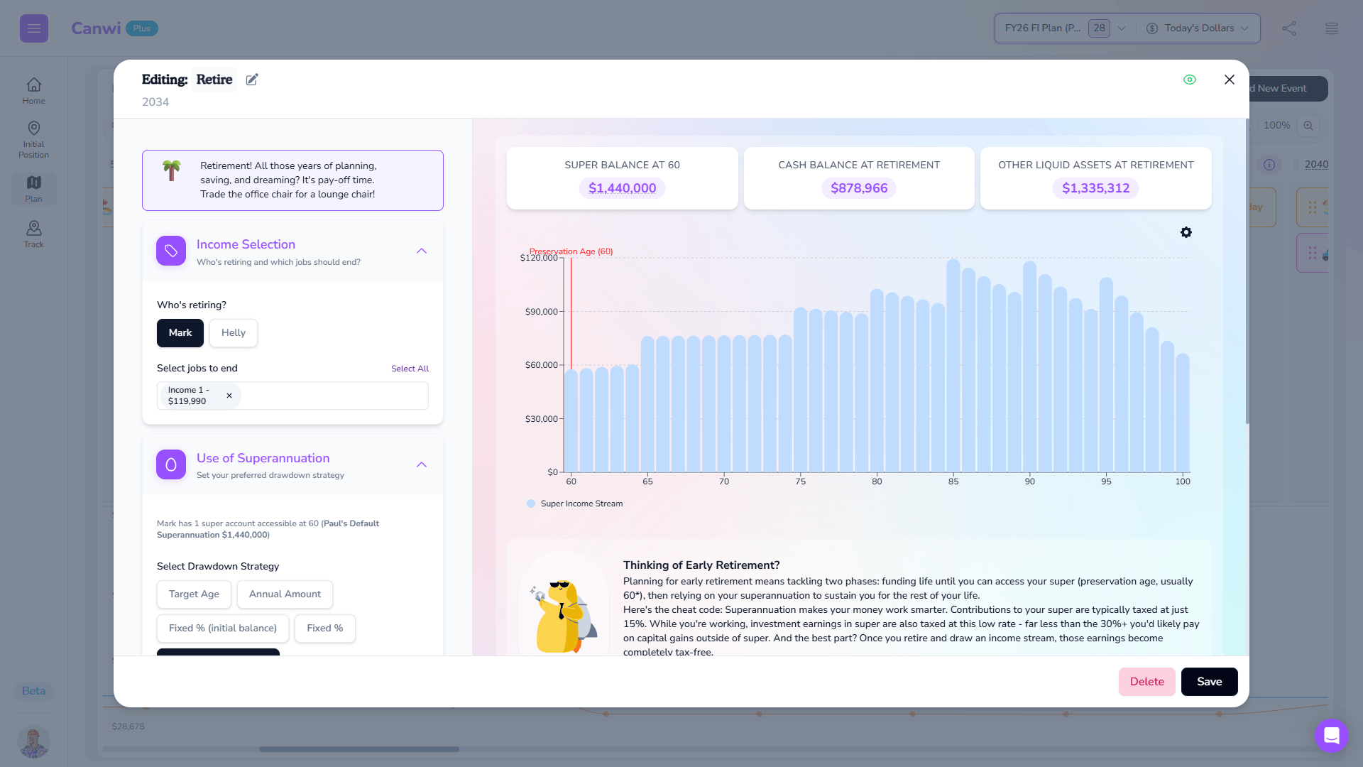 Canwi scenario modelling and cashflow view for long-term planning