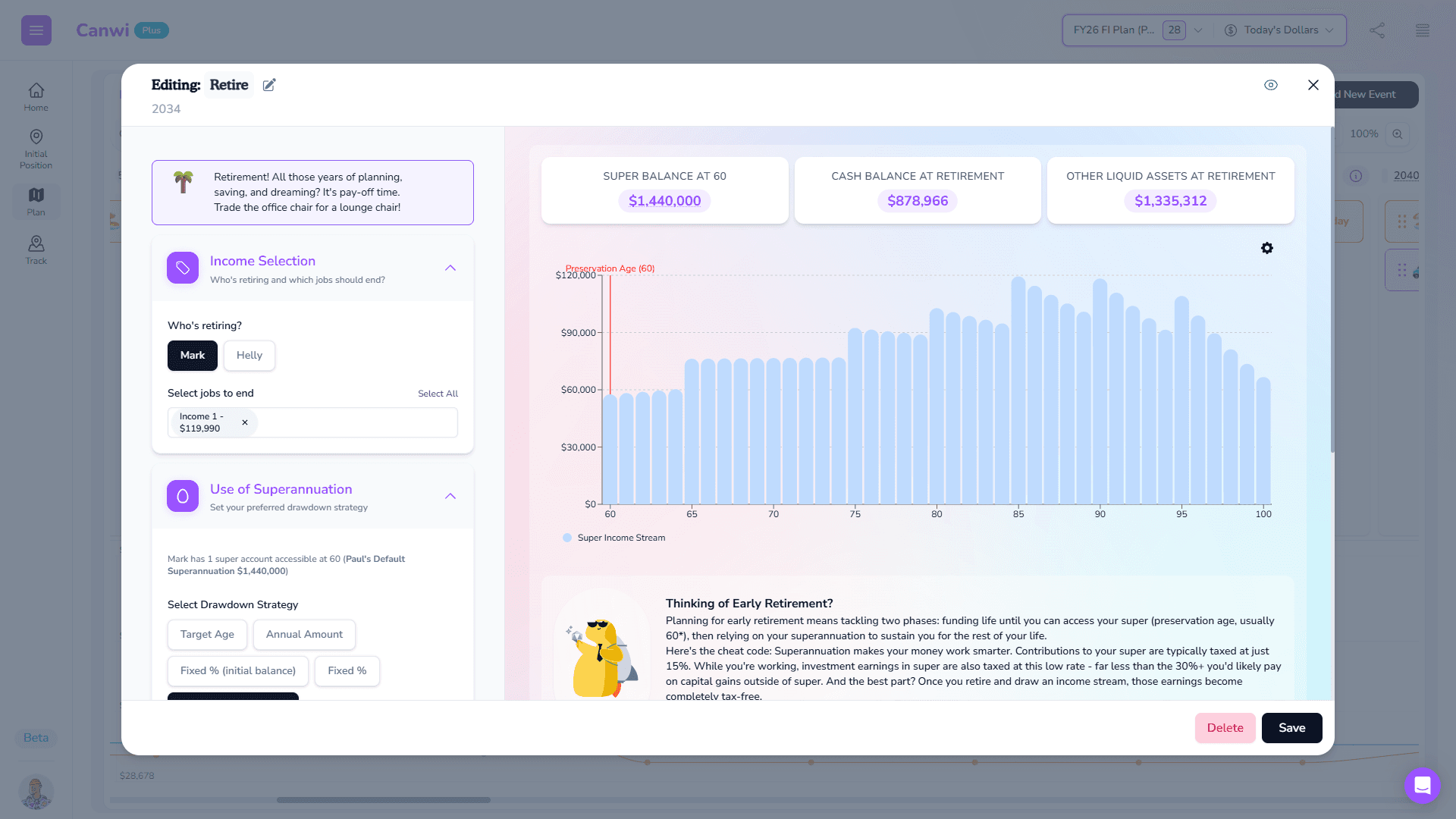 Canwi scenario modelling and cashflow view for long-term planning
